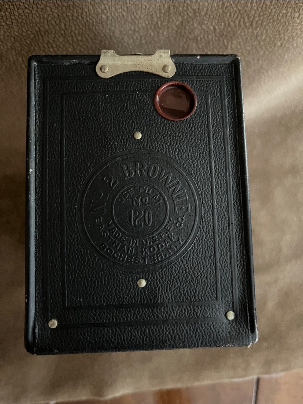 Vintage Kodak Brownie Box Camera in Black with Red Viewing Lens